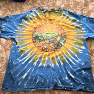 Grateful Dead Tie-Dye Graphic Tee with Sunburst Medallion - Blue, Yellow, Purple